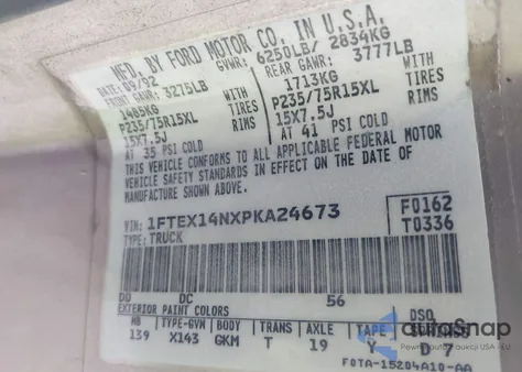 1993 Ford F150 z USA, uszkodzony, nr VIN 1FTEX14NXPKA24673